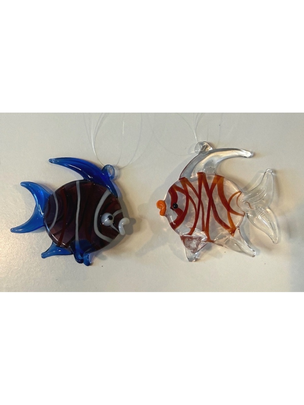 Vintage Taiwan ROC Hand Blown Glass Fish Ornaments Pair Tropical Fish